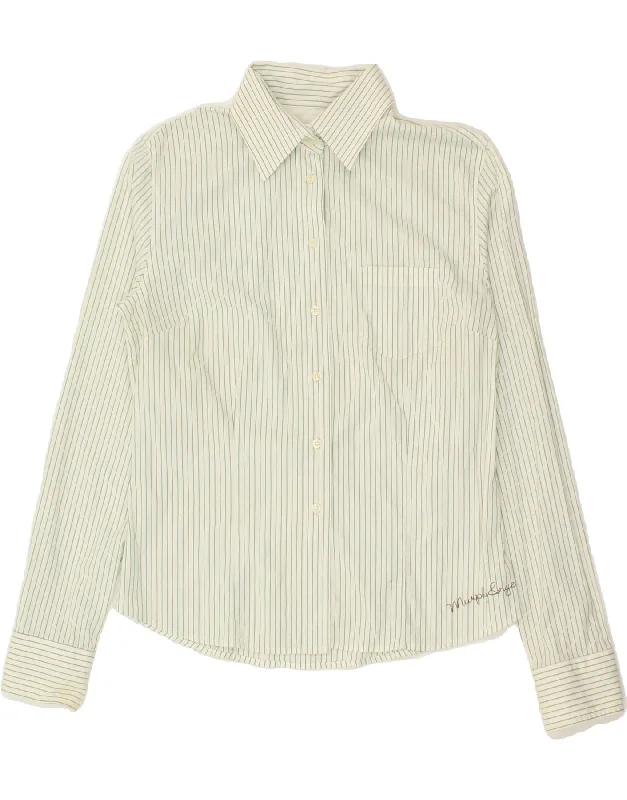 MURPHY & NYE Womens Shirt UK 14 Large Green Pinstripe Cotton Trendy Ruffled Short Sleeve MURPHY & NYE Womens Shirt UK 14 Large Green Pinstripe Cotton Trendy Ruffled Short Sleeve