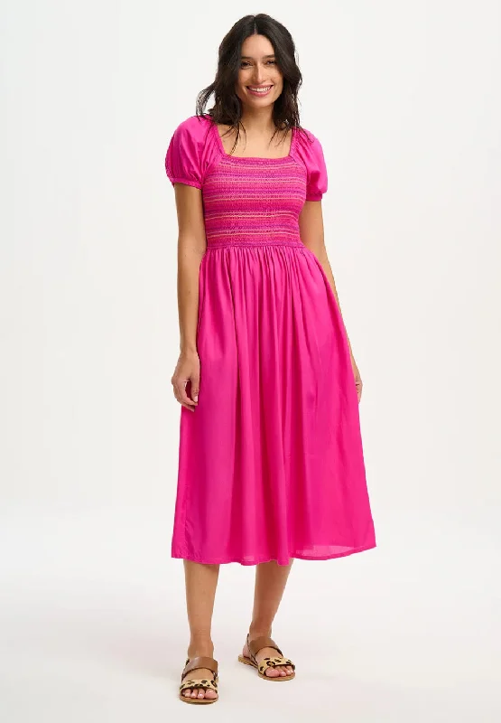 OCTAVIA SHIRRED MIDI DRESS | DARK PINK Trendy Shift Midi Dress