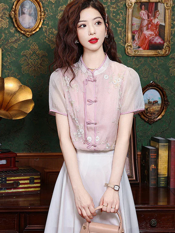 Pink Beige Embroidered Floral Cheongsam Blouse Shirt Casual Loose Short Sleeve