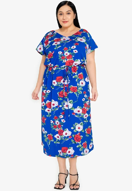Raglan Midi Dress with Side Slits- Blue Princess Stylish High-Waisted Midi Dress