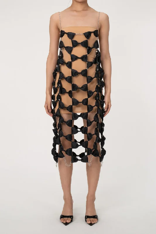 Rebellious Bow Embellished Chain Link Chainmail Sheer Slip Midi Dress Fashionable Shift Midi Dress Rebellious Bow Embellished Chain Link Chainmail Sheer Slip Midi Dress Fashionable Shift Midi Dress