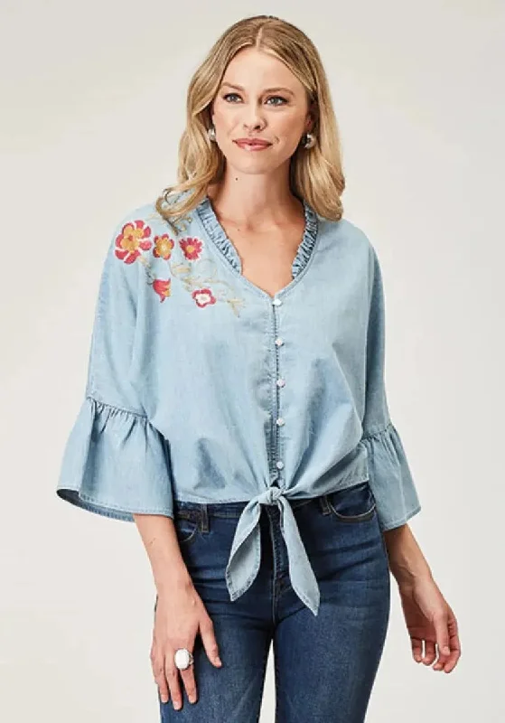 Roper Floral Applique (Denim) - Women's Cotton Shirt Fashionable Short Sleeve Vest