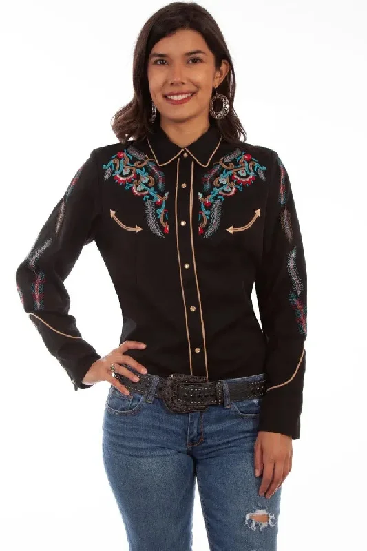 Scully Floral and Feather Embroidery - Women's Western Shirt Casual Slouchy Short Sleeve