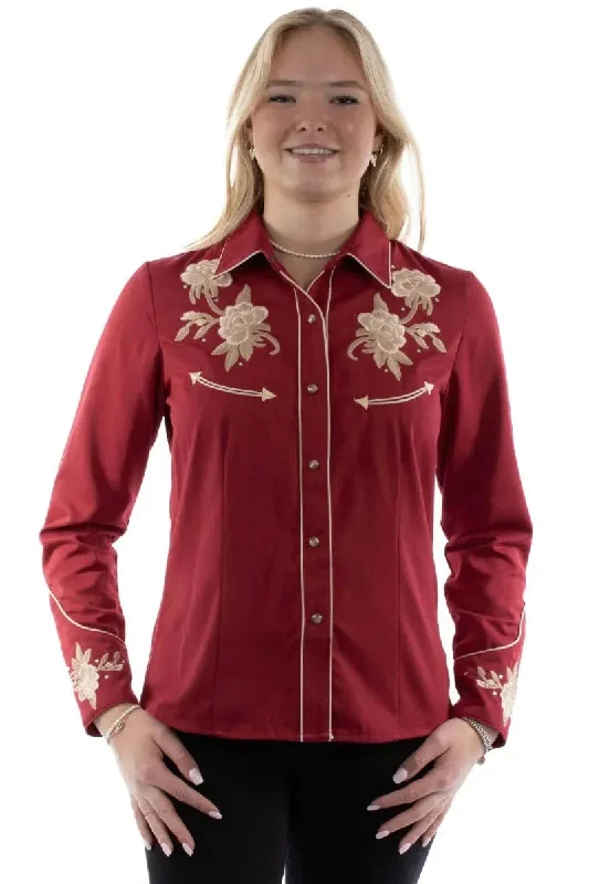 Scully Floral Embroidery with Crystals - Womens Western Shirt Elegant Lace-Trimmed Short Shirt