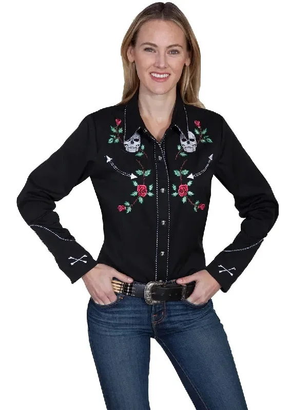 Scully Skulls And Roses Embroidery - Women's Western Shirt Relaxed Fit Short Sleeve Top