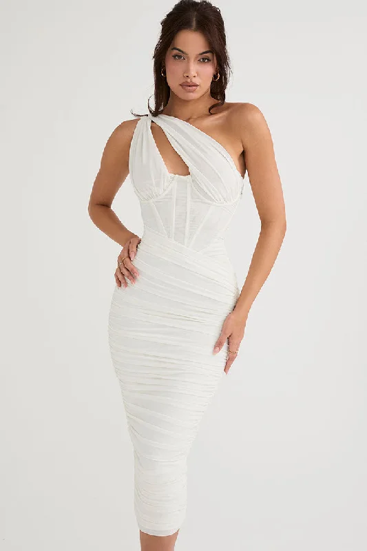 Sexy Cutout One Shoulder Ruched Bodycon Mesh Corset Midi Dress - White Cozy T-shirt Midi Dress Sexy Cutout One Shoulder Ruched Bodycon Mesh Corset Midi Dress - White Cozy T-shirt Midi Dress