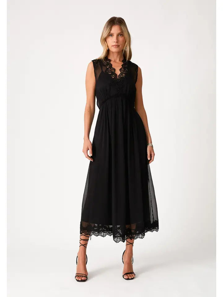Sleeveless V-Neck Lace Trim Midi Dress Cozy Midi Dress with Pockets