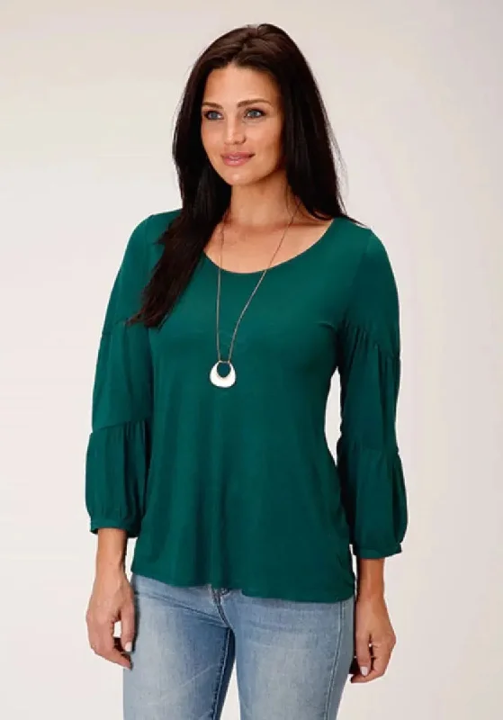 Stetson Jersey Knit Pull Over Blouse (Jade Green) - Women's Shirt Trendy Button-Front Short Sleeve