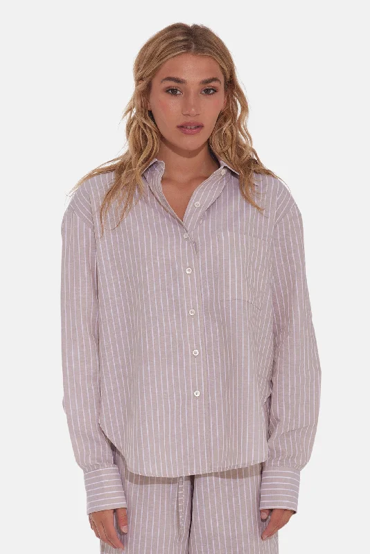 Eloise Cotton/Linen Boyfriend Shirt Beige Stripe Trendy Print Short Sleeve