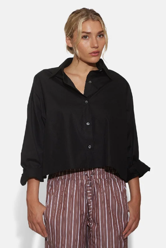 Gansett Poplin Crop Shirt Black Stylish Short Sleeve Polo