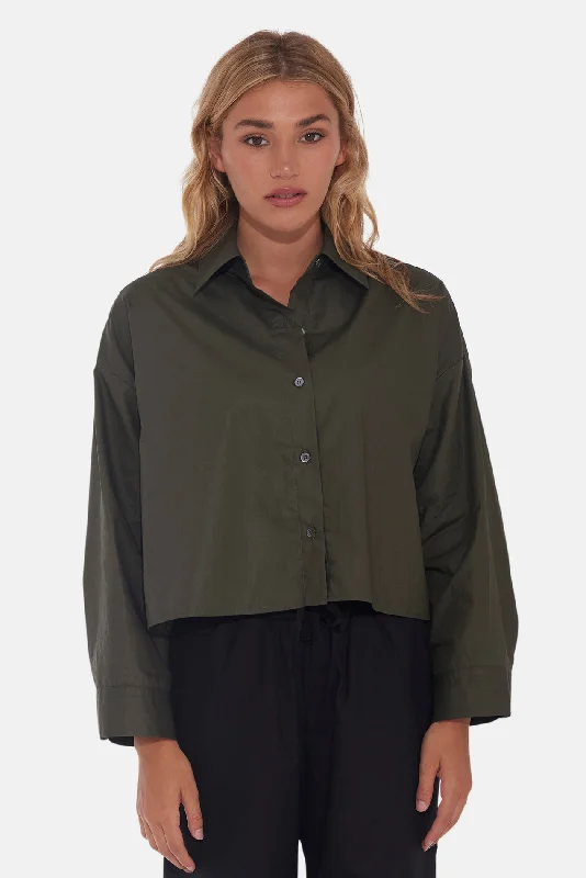 Gansett Poplin Crop Shirt Jungle Green Fashionable Pleated Short Shirt