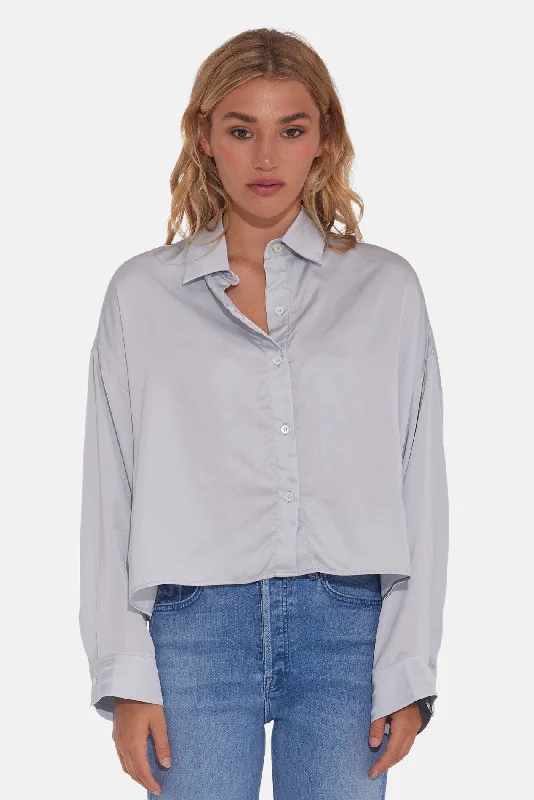 Laura Crop Satin Shirt Silver Blue Classic Cropped Short Sleeve