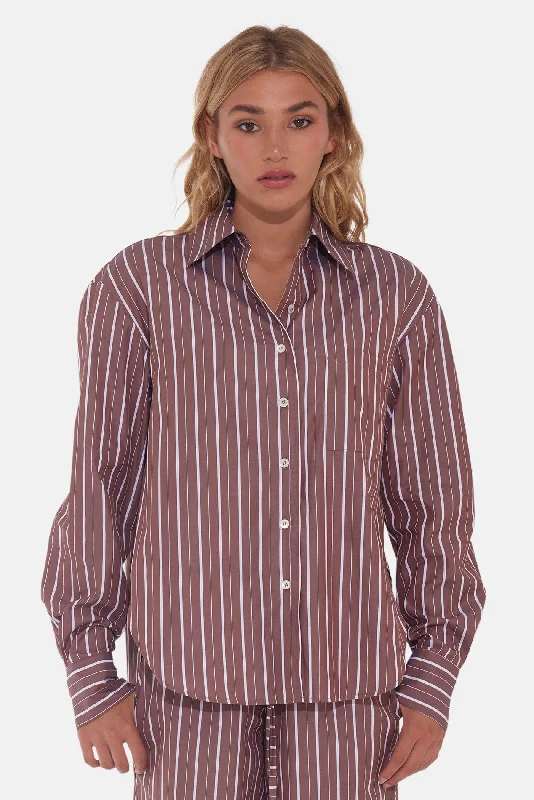 Lily Poplin Boyfriend Shirt Brown Stripe Relaxed Button-Down Short Shirt