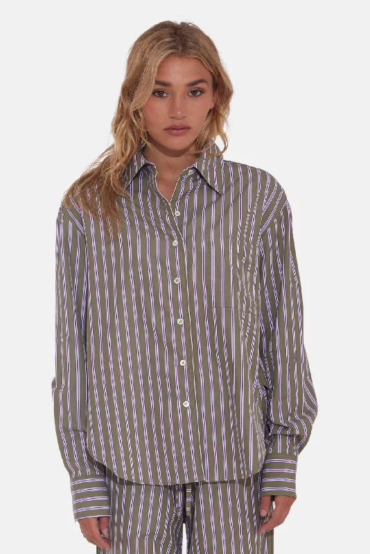 Lily Poplin Boyfriend Shirt Green Multi Stripe Relaxed Cotton Short Shirt