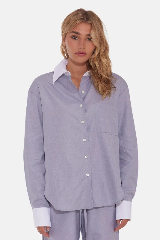 Lily Poplin Boyfriend Shirt Grey w/ White Collar Classic Button-Up Short Tee