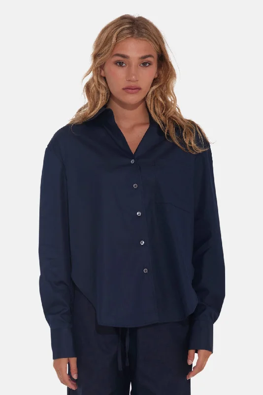 Lily Poplin Boyfriend Shirt Navy Modern Short Sleeve Top