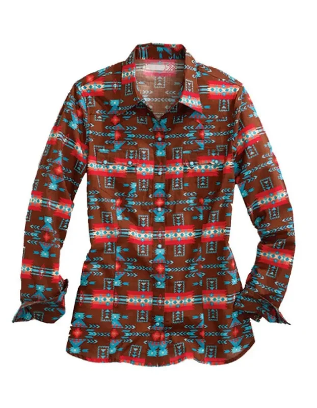 Tin Haul Aztec Elegance (Brown) - Women's Western Shirt Modern Fit Short Sleeve