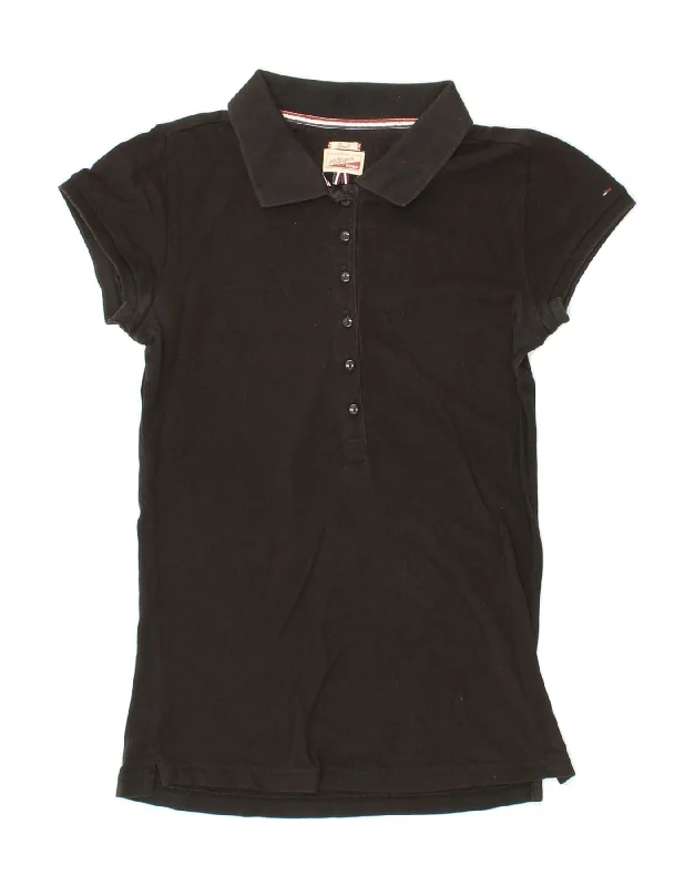 TOMMY HILFIGER Womens Polo Shirt UK 10 Small Black Cotton Elegant Draped Short Shirt TOMMY HILFIGER Womens Polo Shirt UK 10 Small Black Cotton Elegant Draped Short Shirt