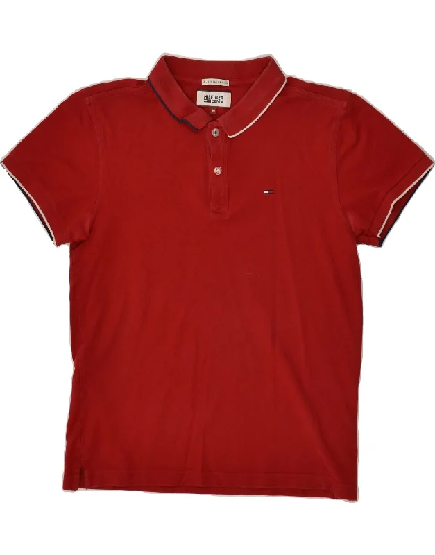 TOMMY HILFIGER Womens Polo Shirt UK 12 Medium Red Cotton Trendy Short Sleeve Blouse