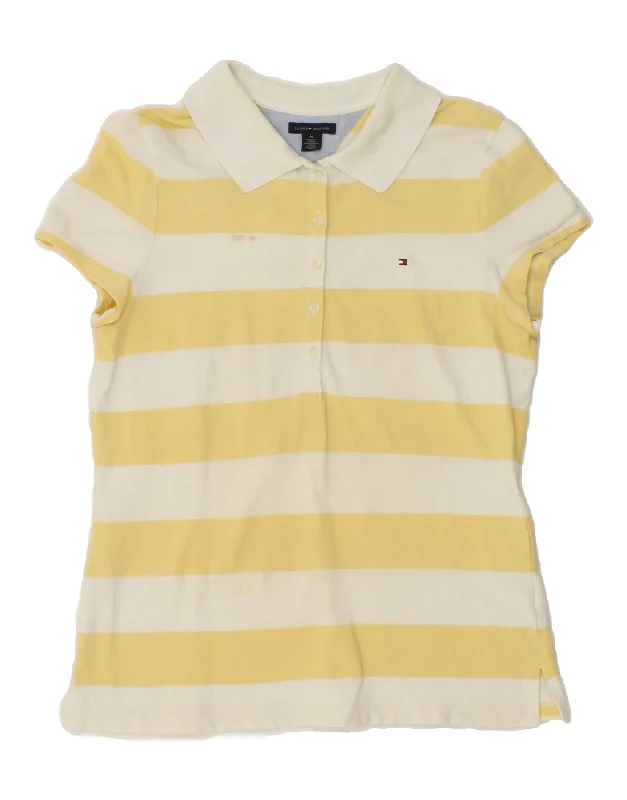TOMMY HILFIGER Womens Polo Shirt UK 12 Medium Yellow Striped Cotton Stylish Short Sleeve Polo TOMMY HILFIGER Womens Polo Shirt UK 12 Medium Yellow Striped Cotton Stylish Short Sleeve Polo