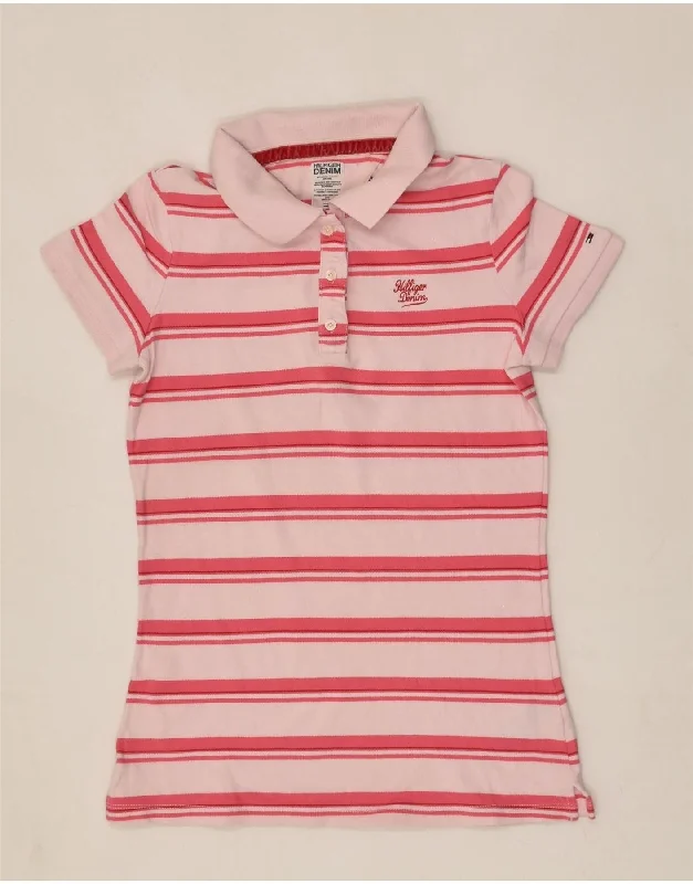 TOMMY HILFIGER Womens Polo Shirt UK 14 Large Pink Pinstripe Cotton Stylish Casual Short Tee