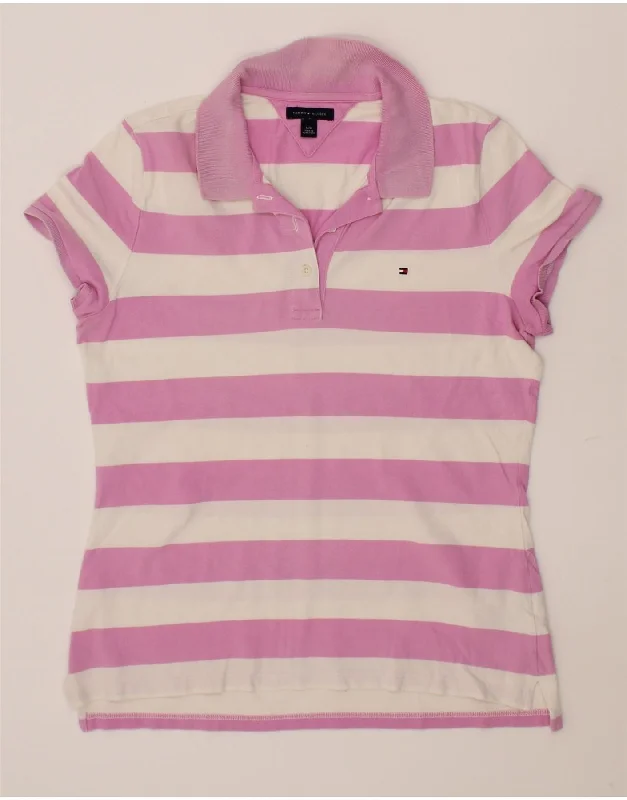 TOMMY HILFIGER Womens Polo Shirt UK 14 Large Pink Striped Cotton Elegant High-Low Short Shirt TOMMY HILFIGER Womens Polo Shirt UK 14 Large Pink Striped Cotton Elegant High-Low Short Shirt