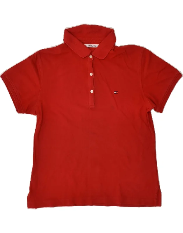 TOMMY HILFIGER Womens Polo Shirt UK 14 Medium Red Cotton Casual Plain Short Shirt