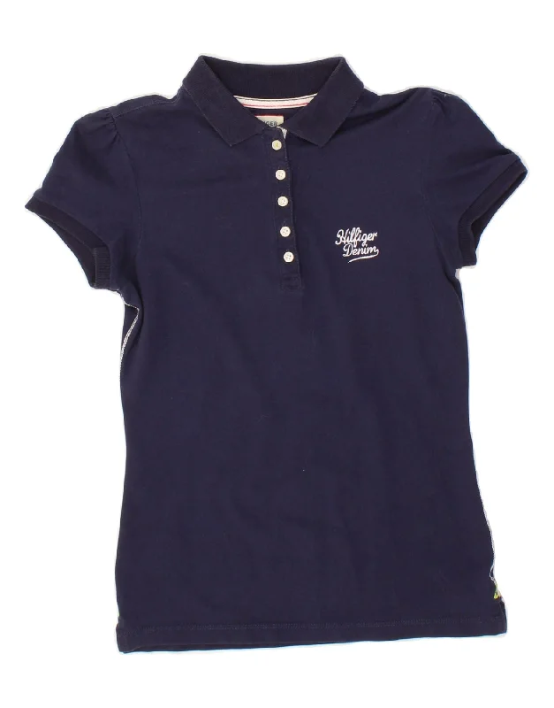 TOMMY HILFIGER Womens Polo Shirt UK 8 Small Navy Blue Cozy Loose Fit Short Sleeve