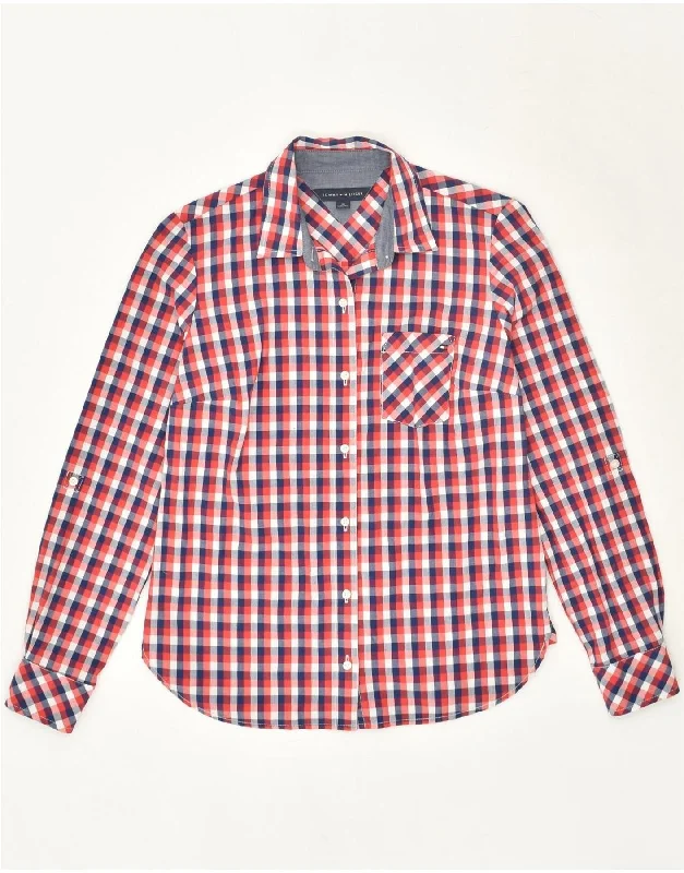 TOMMY HILFIGER Womens Shirt UK 6 XS Red Check Cotton Fashionable Plaid Short Sleeve