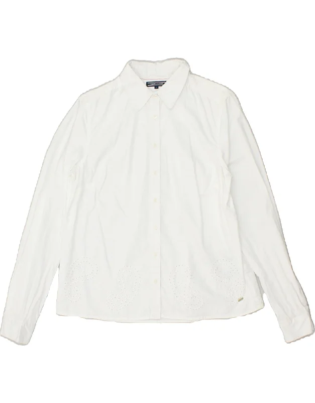 TOMMY HILFIGER Womens Shirt US 8 Medium White Paisley Cotton Elegant Off-Shoulder Short Shirt TOMMY HILFIGER Womens Shirt US 8 Medium White Paisley Cotton Elegant Off-Shoulder Short Shirt