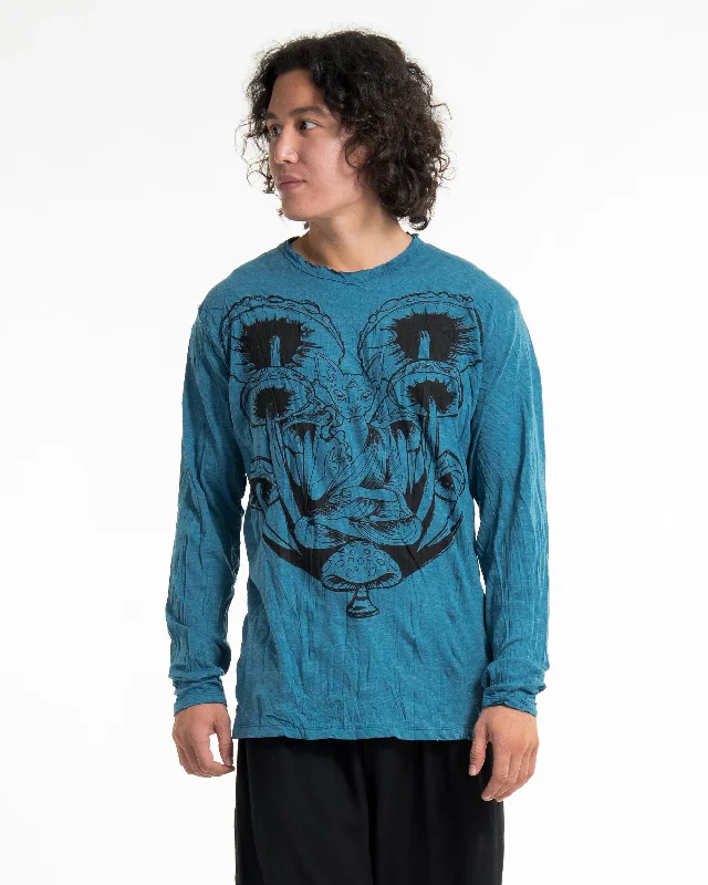 Unisex Spiritual Shroom Cat Long Sleeve Shirt in Denim Blue Fashionable Sheer Short Shirt Unisex Spiritual Shroom Cat Long Sleeve Shirt in Denim Blue Fashionable Sheer Short Shirt