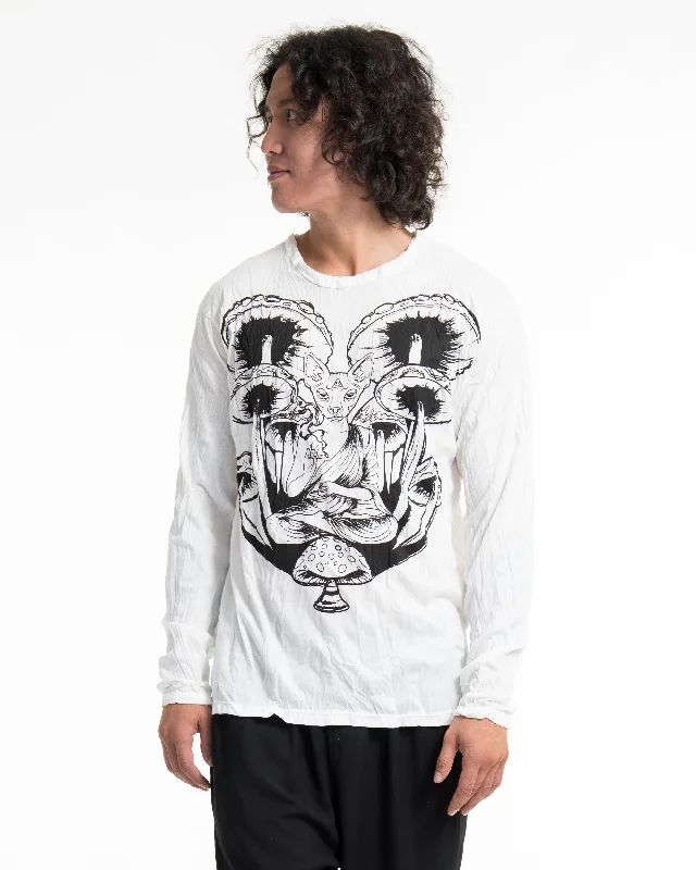 Unisex Spiritual Shroom Cat Long Sleeve Shirt in White Stylish Split-Hem Short Shirt Unisex Spiritual Shroom Cat Long Sleeve Shirt in White Stylish Split-Hem Short Shirt