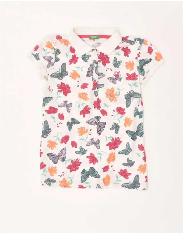 UNITED COLORS OF BENETTON Womens Polo Shirt UK 4 XS White Floral Fashionable Short Sleeve Vest