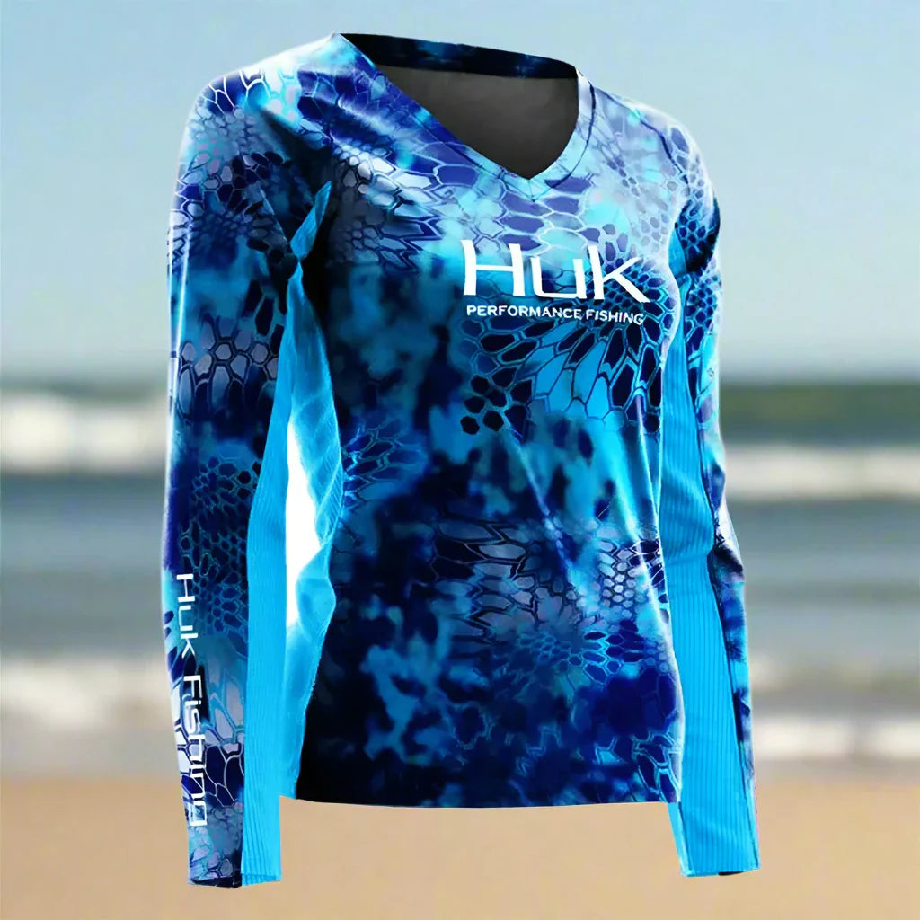 V Neck Ladies Long Sleeve Fishing Shirt - Blue/Light Blue Cozy Printed Short Shirt