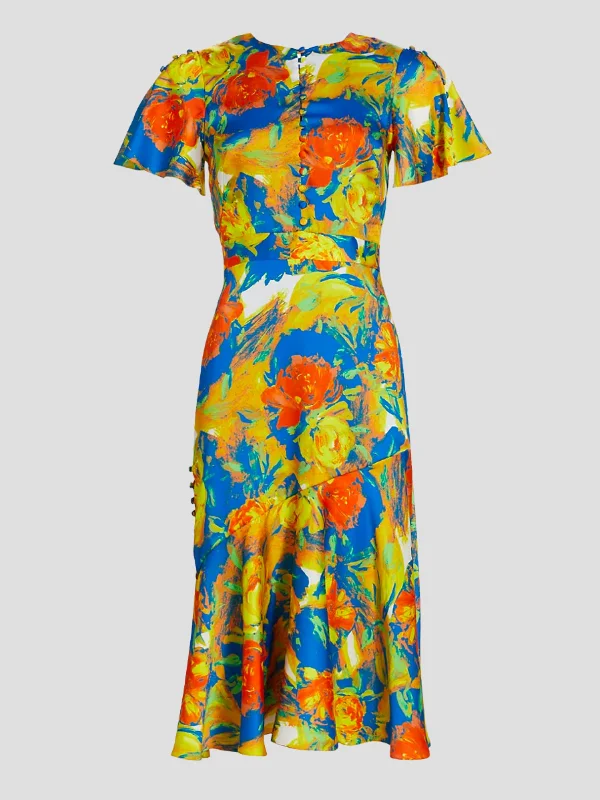 Victoria Floral Flutter Sleeve Pleated Midi Dress in Yellow Comfortable Draped Midi Dress Victoria Floral Flutter Sleeve Pleated Midi Dress in Yellow Comfortable Draped Midi Dress