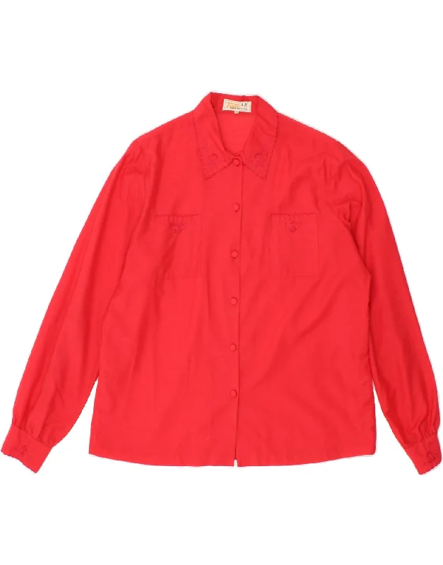 VINTAGE Womens Shirt Blouse EU 38 Medium Red Floral Cotton Fashionable Short Sleeve Vest