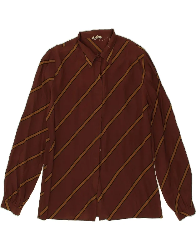 VINTAGE Womens Shirt Blouse IT 42 Medium Brown Striped Acetate Stylish Split-Hem Short Shirt VINTAGE Womens Shirt Blouse IT 42 Medium Brown Striped Acetate Stylish Split-Hem Short Shirt
