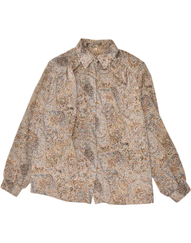 VINTAGE Womens Shirt Blouse IT 48 2XL Brown Paisley Relaxed Fit Short Sleeve Top