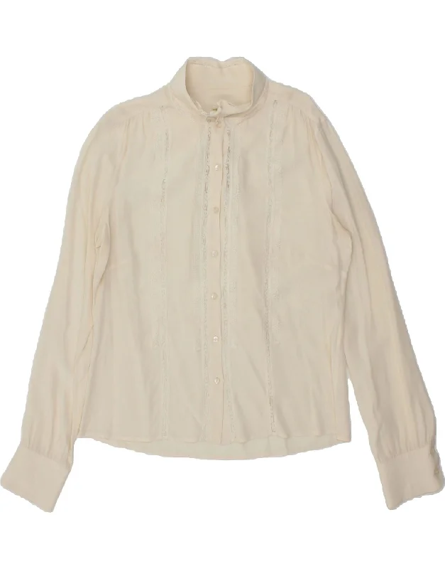 VINTAGE Womens Shirt Blouse UK 10 Small Beige Floral Fashionable Pleated Short Shirt VINTAGE Womens Shirt Blouse UK 10 Small Beige Floral Fashionable Pleated Short Shirt