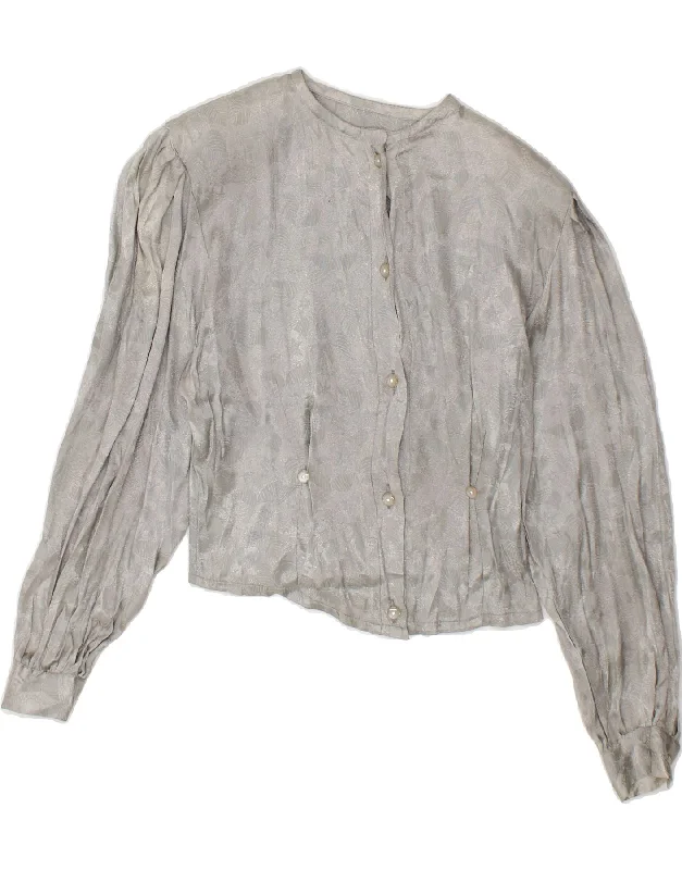 VINTAGE Womens Shirt Blouse UK 10 Small Grey Floral Viscose Elegant Silk Short Shirt VINTAGE Womens Shirt Blouse UK 10 Small Grey Floral Viscose Elegant Silk Short Shirt