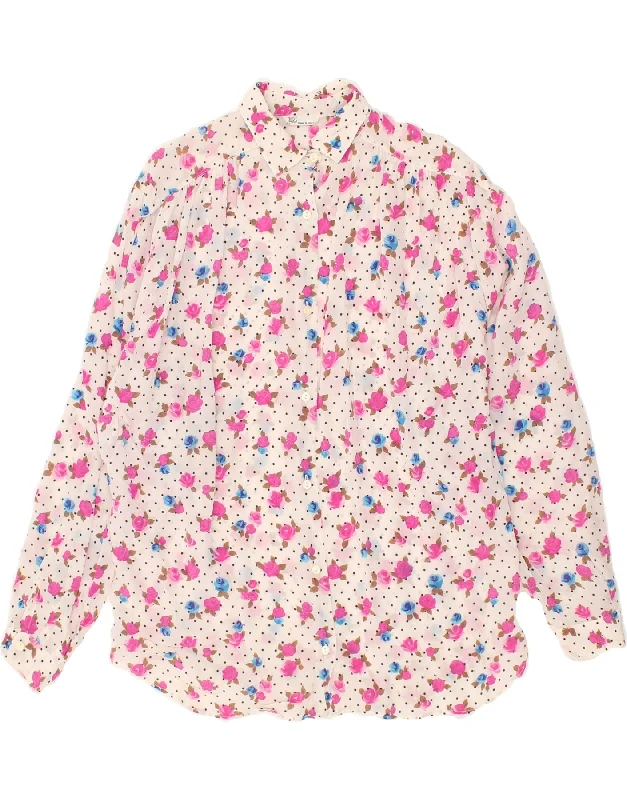 VINTAGE Womens Shirt Blouse UK 14 Large White Floral Silk Relaxed Cotton Short Blouse VINTAGE Womens Shirt Blouse UK 14 Large White Floral Silk Relaxed Cotton Short Blouse