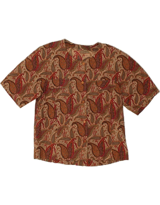 VINTAGE Womens Shirt Blouse UK 16 Large Brown Paisley Cotton Casual Button-Down Short Shirt