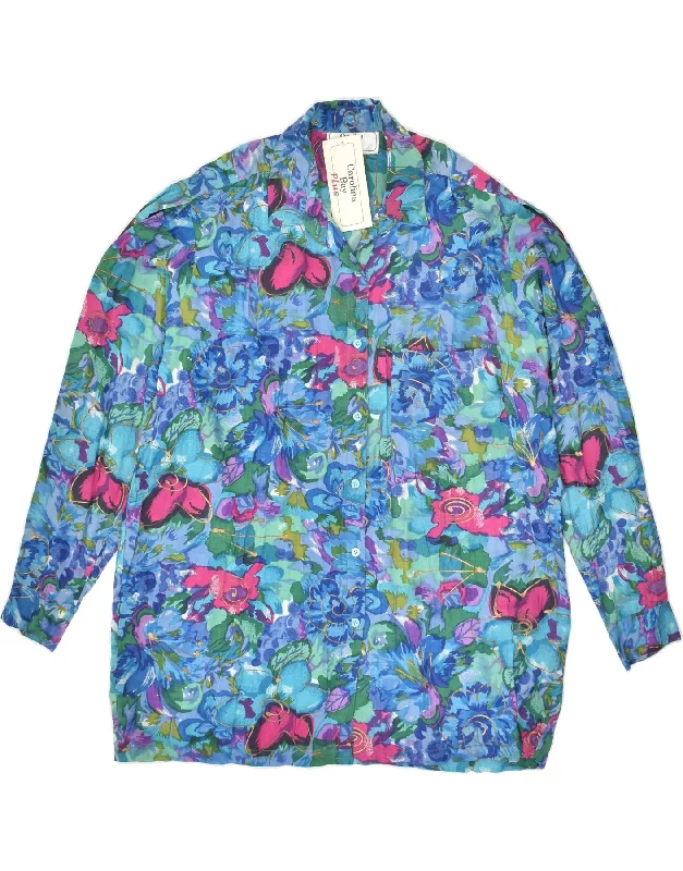 VINTAGE Womens Shirt Blouse UK 18 XL Blue Floral Cotton Stylish Split-Hem Short Shirt VINTAGE Womens Shirt Blouse UK 18 XL Blue Floral Cotton Stylish Split-Hem Short Shirt