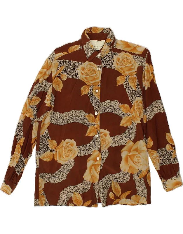 VINTAGE Womens Shirt IT 42 Medium Brown Floral Viscose Comfortable Peplum Short Shirt VINTAGE Womens Shirt IT 42 Medium Brown Floral Viscose Comfortable Peplum Short Shirt