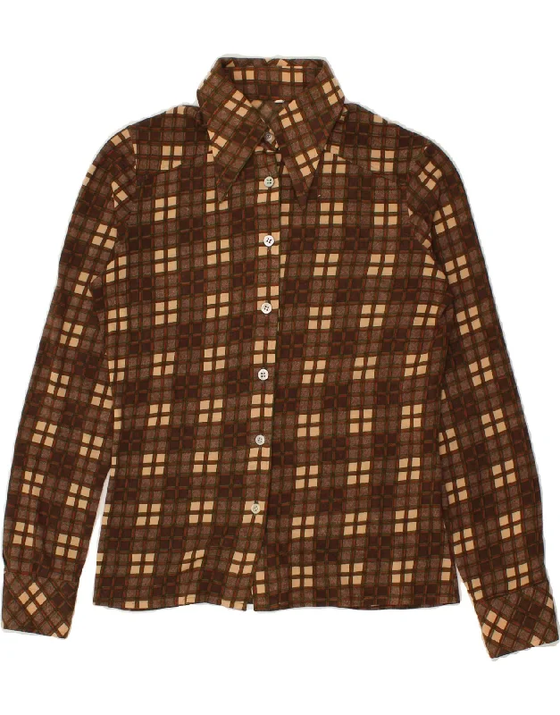VINTAGE Womens Shirt IT 46 Large Brown Check Acrylic Relaxed Cotton Short Blouse
