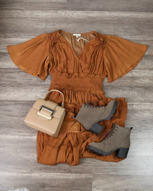 Whitney Washed Satin Ruffled Smocked Bodice Midi Dress in Dusty Camel Trendy Tiered Hem Midi Dress Whitney Washed Satin Ruffled Smocked Bodice Midi Dress in Dusty Camel Trendy Tiered Hem Midi Dress
