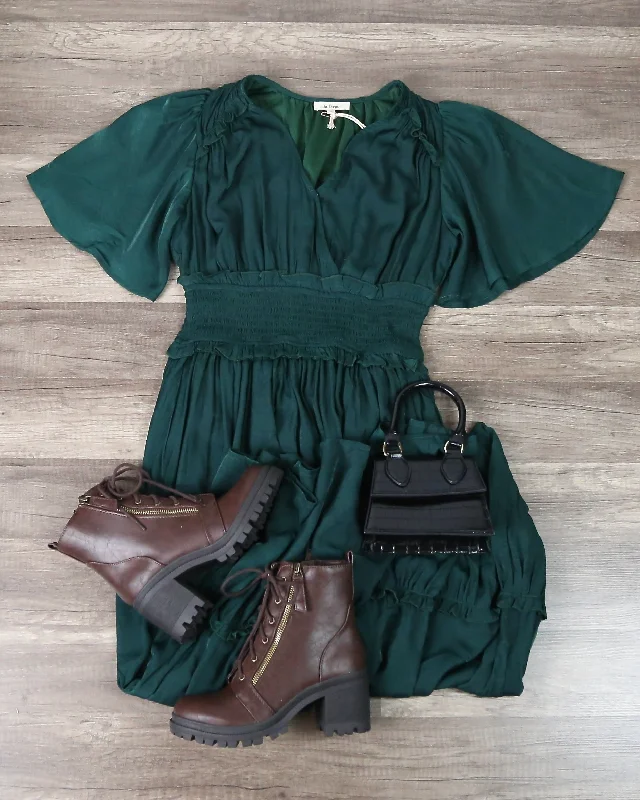 Whitney Washed Satin Ruffled Smocked Bodice Midi Dress in Hunter Green Fashionable Wide Leg Midi Dress Whitney Washed Satin Ruffled Smocked Bodice Midi Dress in Hunter Green Fashionable Wide Leg Midi Dress