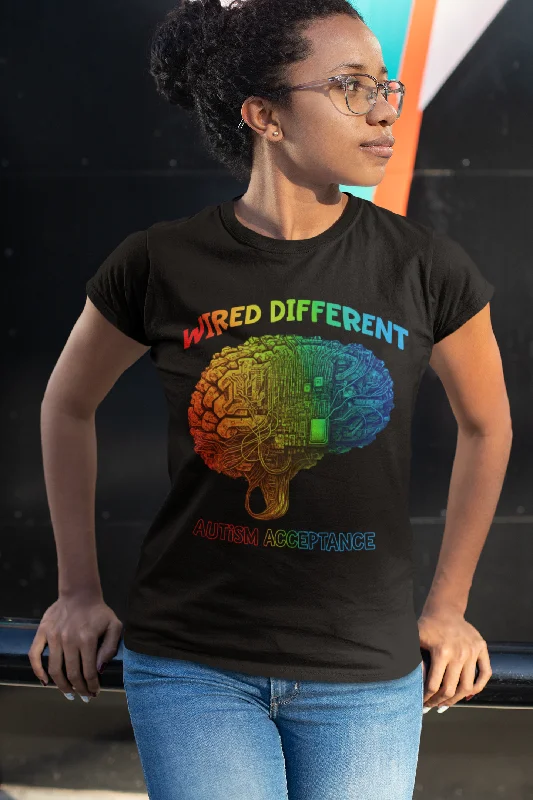 Women's Autism T Shirt Acceptance Shirts Wired Different Awareness AI Brain Graphic Tee Disorder ASD AuDHD Asperger's Ladies Woman Fashionable Plaid Short Sleeve