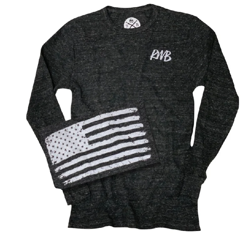 Women's Old Glory American Flag Long Sleeve Thermal Shirt (Black) Cozy Knit Short Sleeve Top