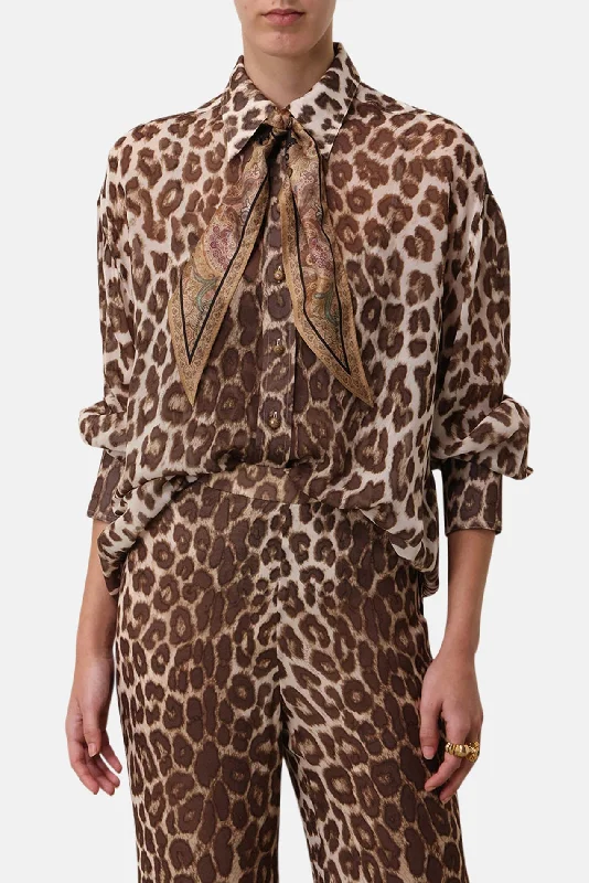 Illustration Leopard Shirt Chocolate Leopard Classic Casual Short Sleeve